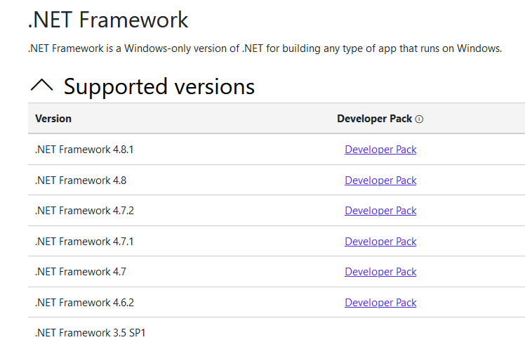 .NET Frameworkのダウンロード画面